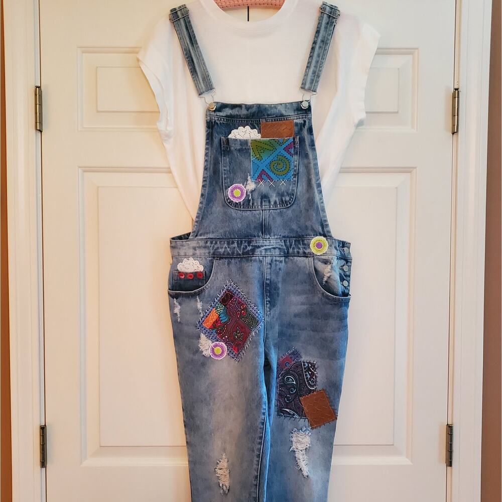 Refashioned Upcycled Patched and Distressed‎ Boho Overalls Handmade SzMed